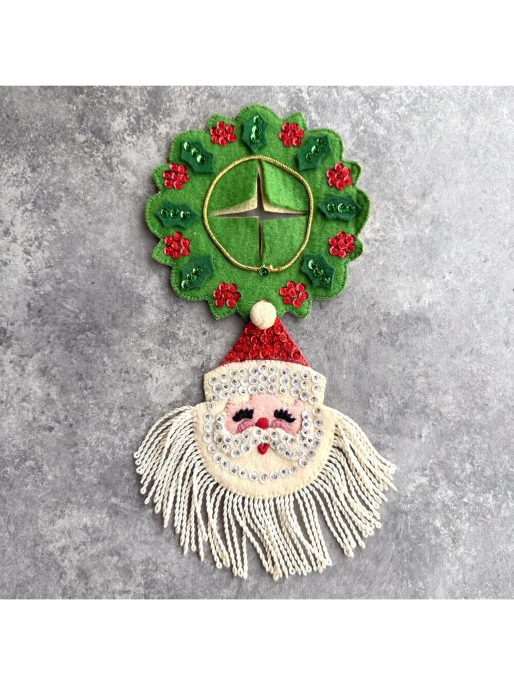 Vintage Santa Face Felt Sequin Beaded Christmas Door Knob Cover 10” Handmade